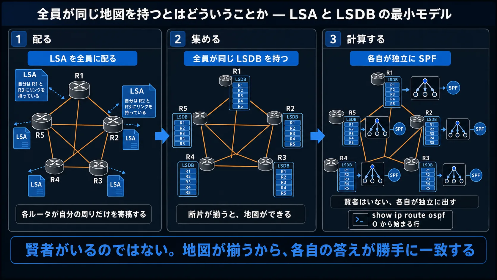 本話全体の俯瞰 (LSA の reliable flooding → LSDB の同期 → SPF による独立計算): 3 段ジャーニー型インフォグラフ。配る (青系: 5 台のルータ R1〜R5 が円状に配置され、各ルータから自分の周りのリンク状態を記述した LSA が四方に放射される、各ルータが自分の周りだけを寄稿する)→ 集める (青系: 5 台のルータの足元に LSDB の蓄積場所が描かれ、各 LSDB に 5 枚分の LSA が積み重なっていく、5 つの LSDB の中身が同期して同じになっていく)→ 計算する (青系: 5 台のルータがそれぞれ自分の手元の LSDB を見ながら独立に SPF で最短経路を計算する、中央集権の主体はおらず各自が独立に出す)。最下段の帯『LSDB が同期するから、各自の SPF の答えが矛盾なく揃う』