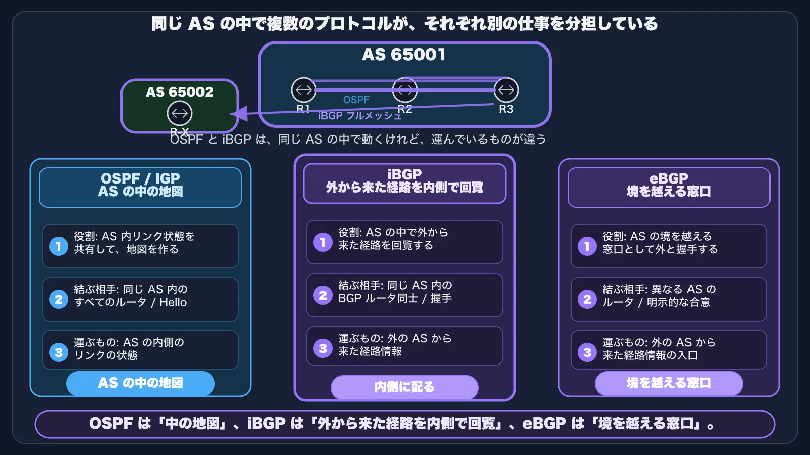 OSPF / iBGP / eBGP の役割分担(横並び 3 列)。中央上部に AS 65001(青系の薄塗り、紫系の枠線で管理境界)、内側に R1 / R2 / R3 の 3 台。左下に AS 65002(緑系の薄塗り)。3 列のプレート — 左列(青系の薄塗り、OSPF / IGP — AS の中のリンクの状態の共有): 3 行の対比軸 (1) 役割 = AS の中のリンクの状態を全員で共有して link-state database を作る (2) 結ぶ相手 = 同じ AS の中のすべてのルータ(自動発見 = Hello) (3) 運ぶもの = AS の内側のリンクの状態。下部小プレート「AS の中のリンクの状態の共有」。中央列(紫系の薄塗り、iBGP — 外から来た経路の AS 内部配布): 3 行の対比軸 (1) 役割 = AS の中で外から来た経路を AS 内部に配布する (2) 結ぶ相手 = 同じ AS の中の BGP ルータ同士(明示的な合意でセッションを成立させる) (3) 運ぶもの = 外の AS から来た経路情報。下部小プレート「AS 内部に配る」。右列(紫系の薄塗り、eBGP — AS 境界の経路交換接点): 3 行の対比軸 (1) 役割 = AS 境界の経路交換接点として外とセッションを成立させる (2) 結ぶ相手 = 異なる AS のルータ(明示的な合意でセッションを成立させる) (3) 運ぶもの = 外の AS から来た経路情報の入口。下部小プレート「AS 境界の経路交換接点」。中央の上部注釈「同じ AS の中で複数のプロトコルが、それぞれ別の仕事を分担している」。中央の下部注釈「OSPF と iBGP は、同じ AS の中で動くけれど、運んでいるものが違う」。最下段のリードライン「OSPF は『中のリンクの状態の共有』、iBGP は『外から来た経路の AS 内部配布』、eBGP は『AS 境界の経路交換接点』」(紫系の太字)