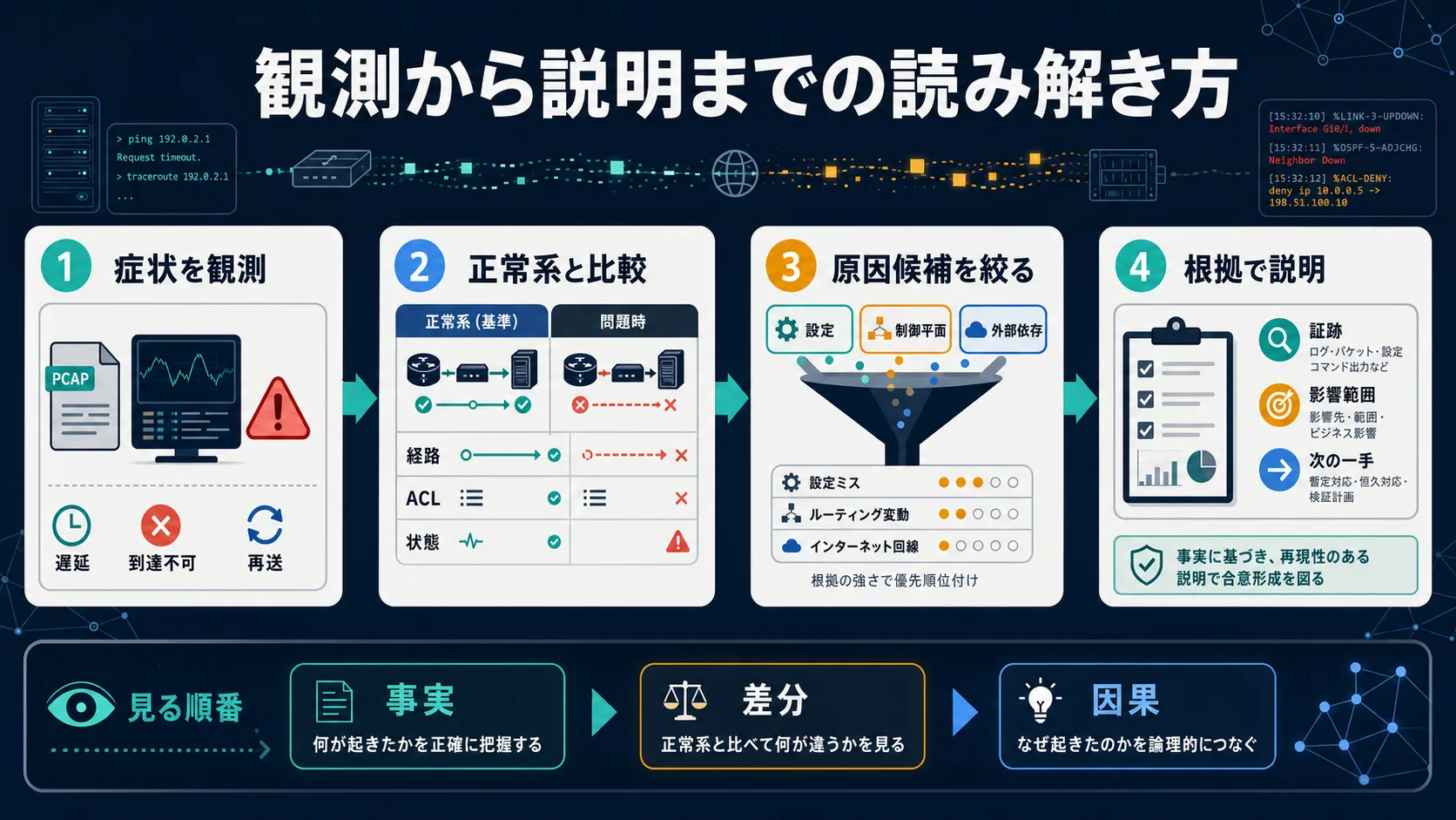 聞いて回るやり方と、同じ内容の地図を読んで各自で計算するやり方を横並びで対比した俯瞰図