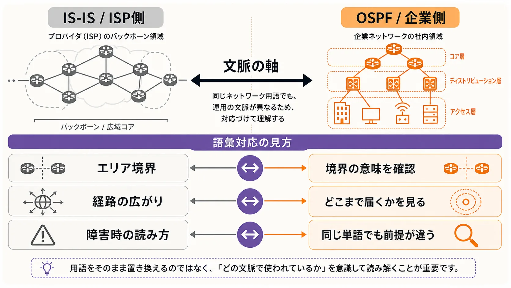 area と Level-1 / Level-2 の語彙対応と、ISP の中核 / 企業ネットワークの中という採用文脈の一対関係を整理する図