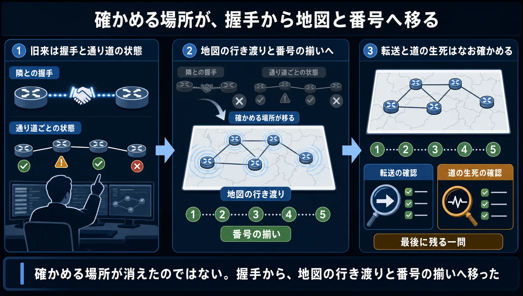 旧来は隣どうしの握手と通り道ごとの状態という二つの確認対象があり、番号を地図と一緒に配る世界ではそれが消えて、地図の行き渡りと番号の揃いの二点へ確かめる場所が移り、そのうえで転送と検証の確認が残り、最後に番号の箱への問いだけが残ることを示す俯瞰図