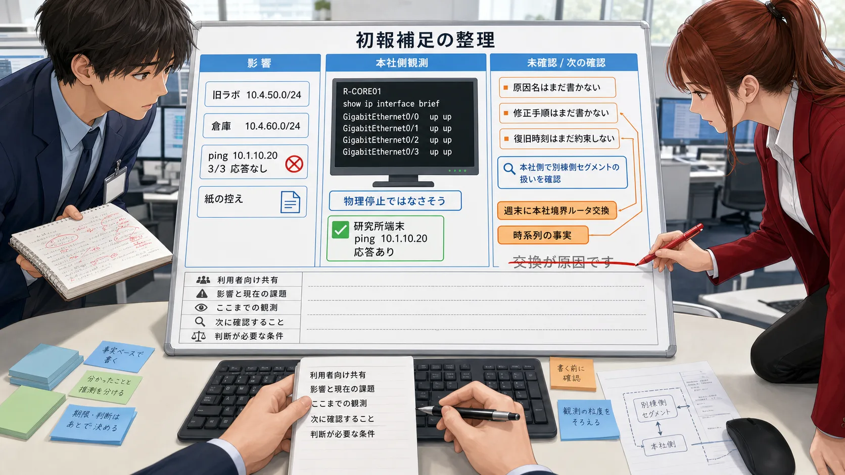 運用フロアで、別棟側の影響と本社側観測を並べて初報補足を整理する場面