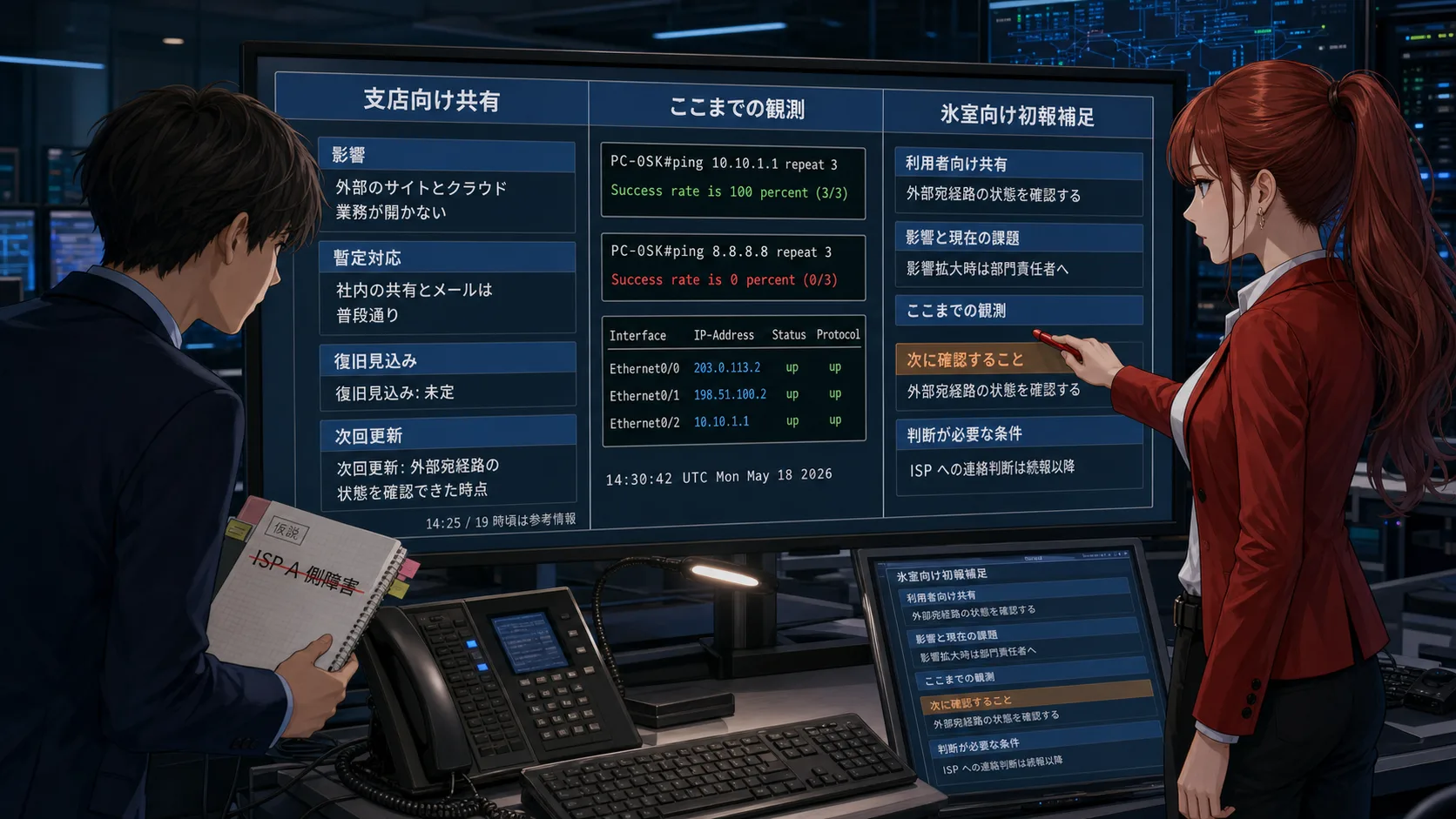 NetSmith Inc. の運用フロアで、支店向けの初回共有と運用リーダー向け初報補足の材料を分けて整理する場面