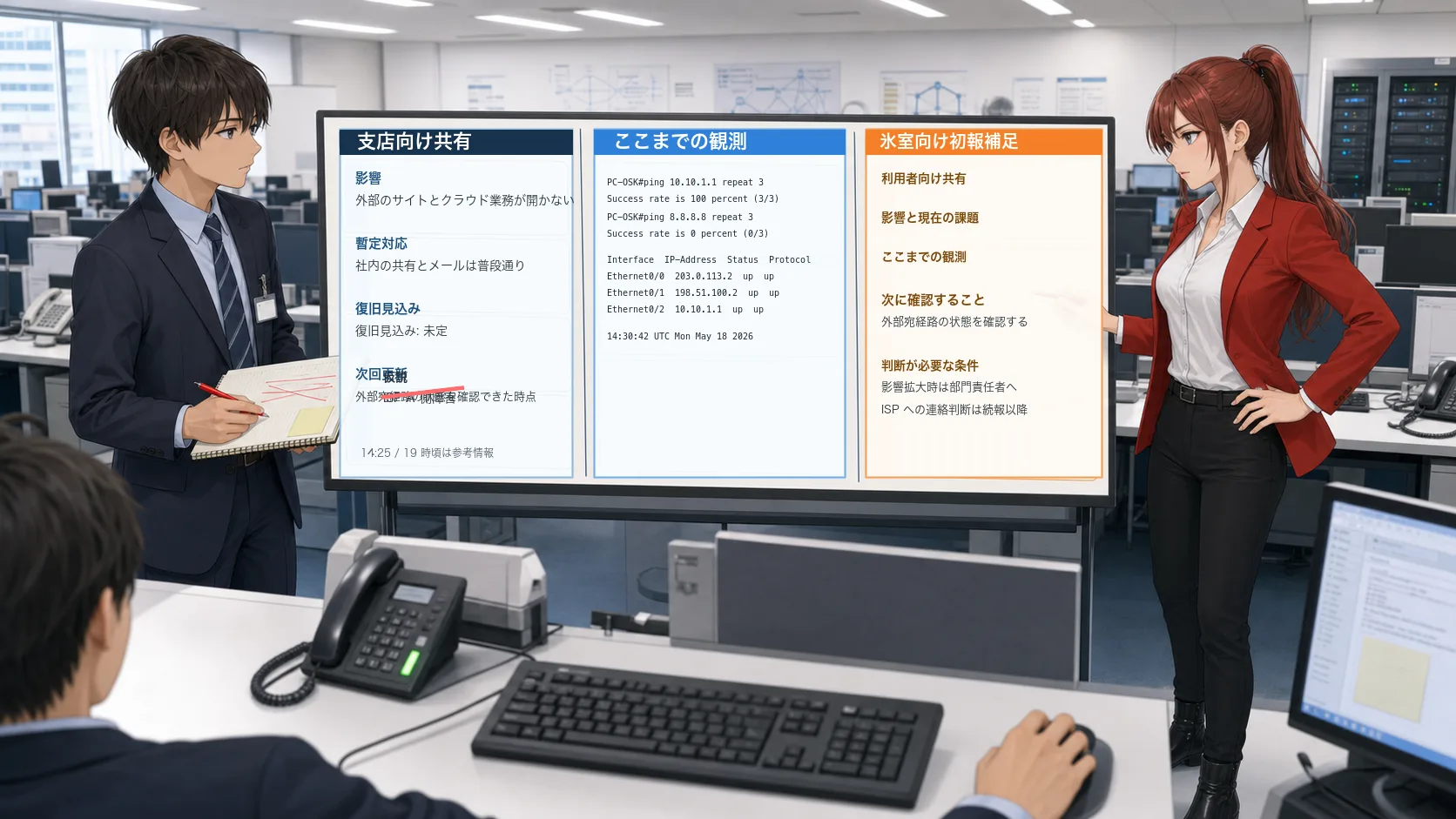 NetSmith Inc. の運用フロアで、支店向けの初回共有と運用リーダー向け初報補足の材料を分けて整理する場面