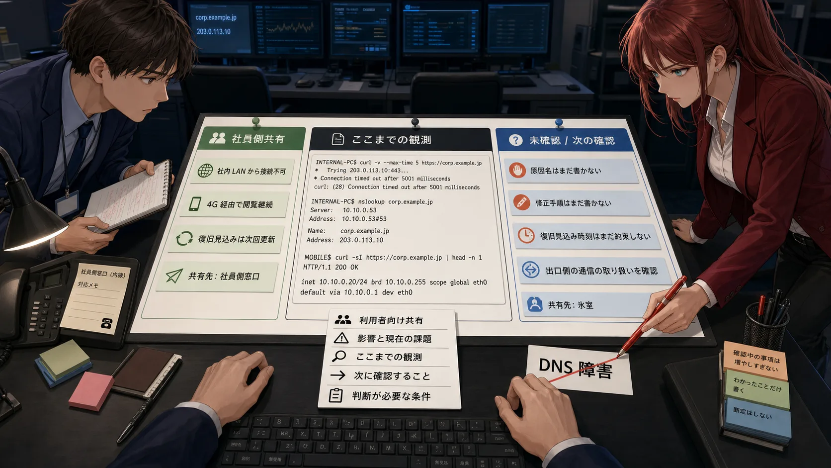 NetSmith Inc. の運用フロアで、初報補足に使う観測カードと共有先を整理する場面