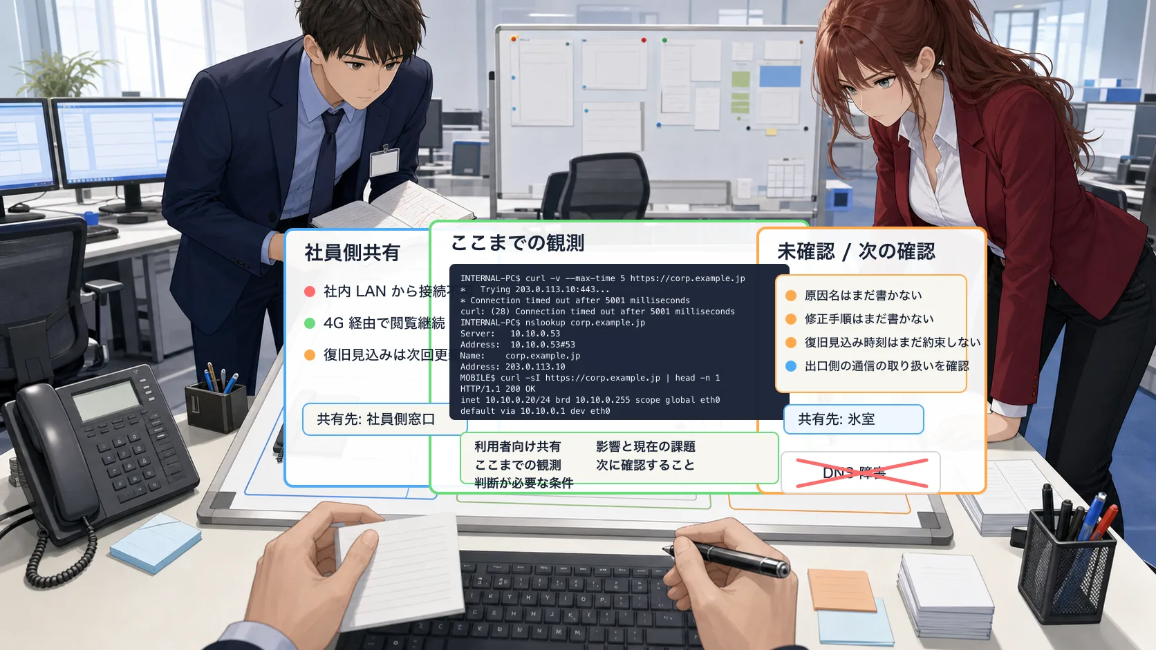 NetSmith Inc. の運用フロアで、初報補足に使う観測カードと共有先を整理する場面
