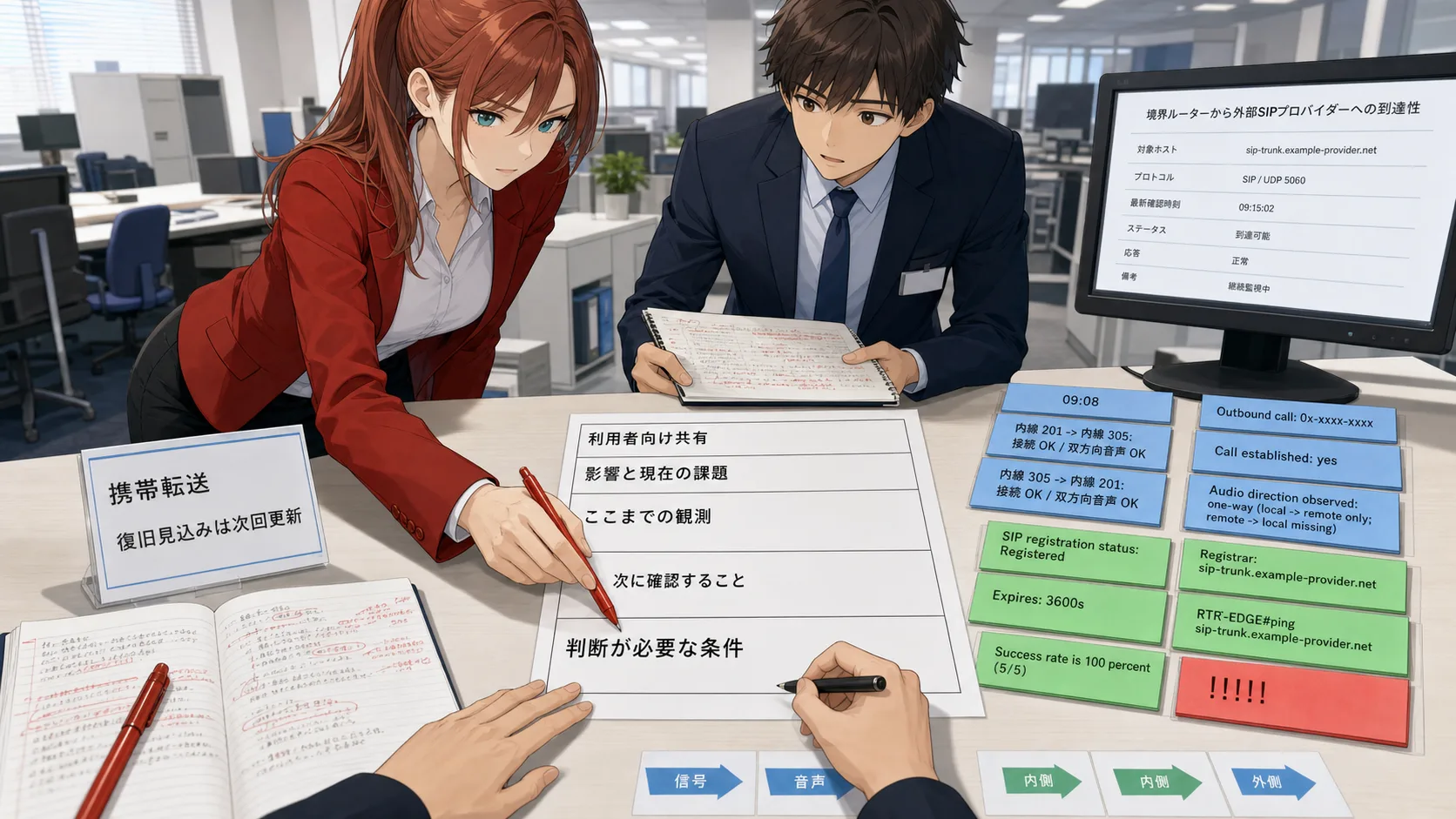NetSmith Inc. の運用フロアで、初報補足に使う観測カードと共有先を整理する場面