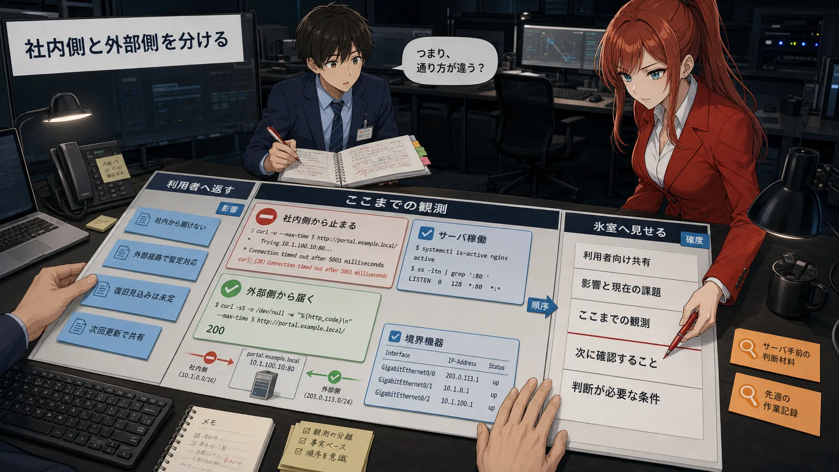 NetSmith Inc. の運用フロアで、初報補足に使う観測カードと共有先を整理する場面