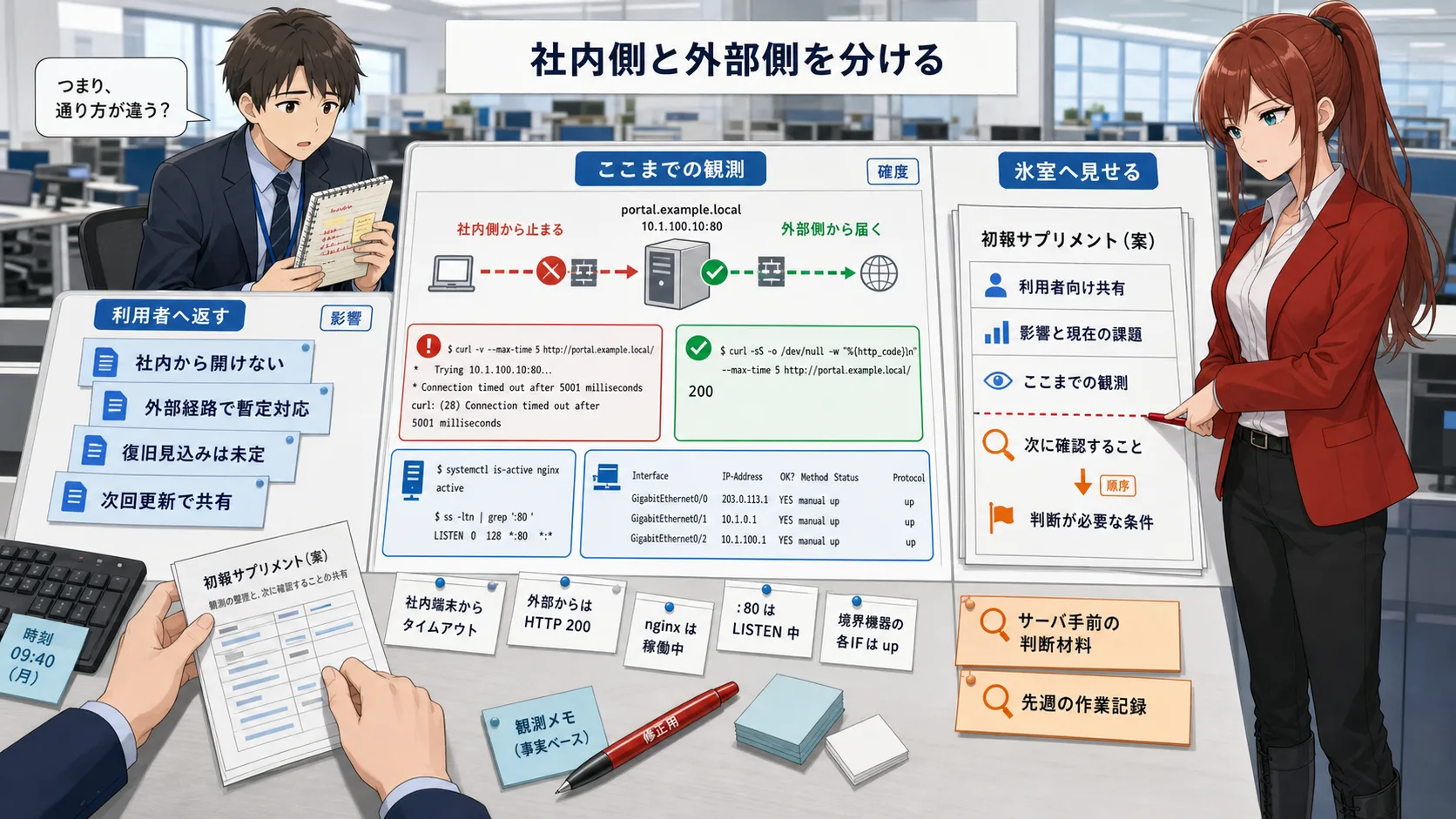NetSmith Inc. の運用フロアで、初報補足に使う観測カードと共有先を整理する場面