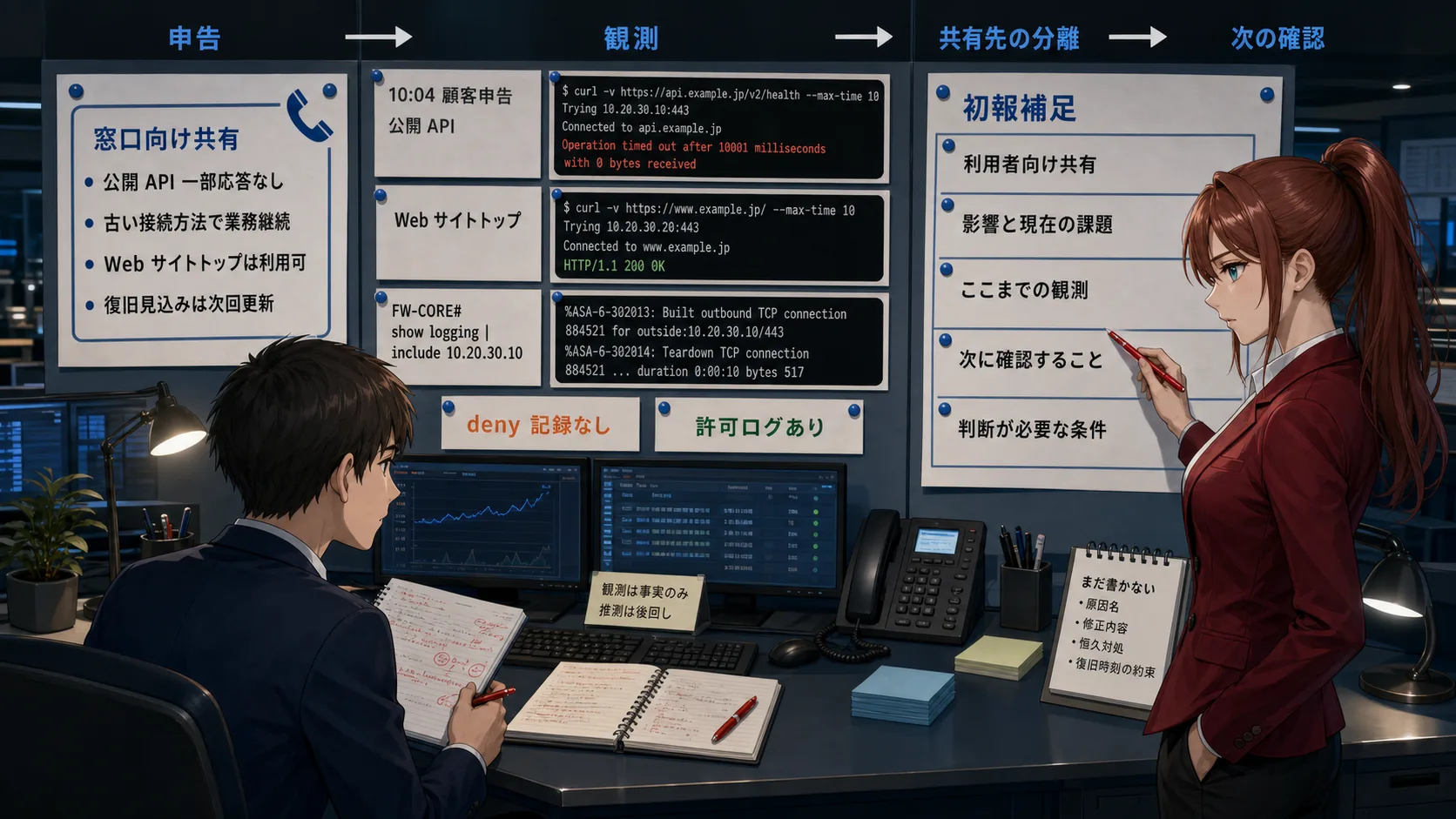NetSmith Inc. の運用フロアで、顧客から届いた応答なし申告を受け、観測カードと共有先を整理する場面