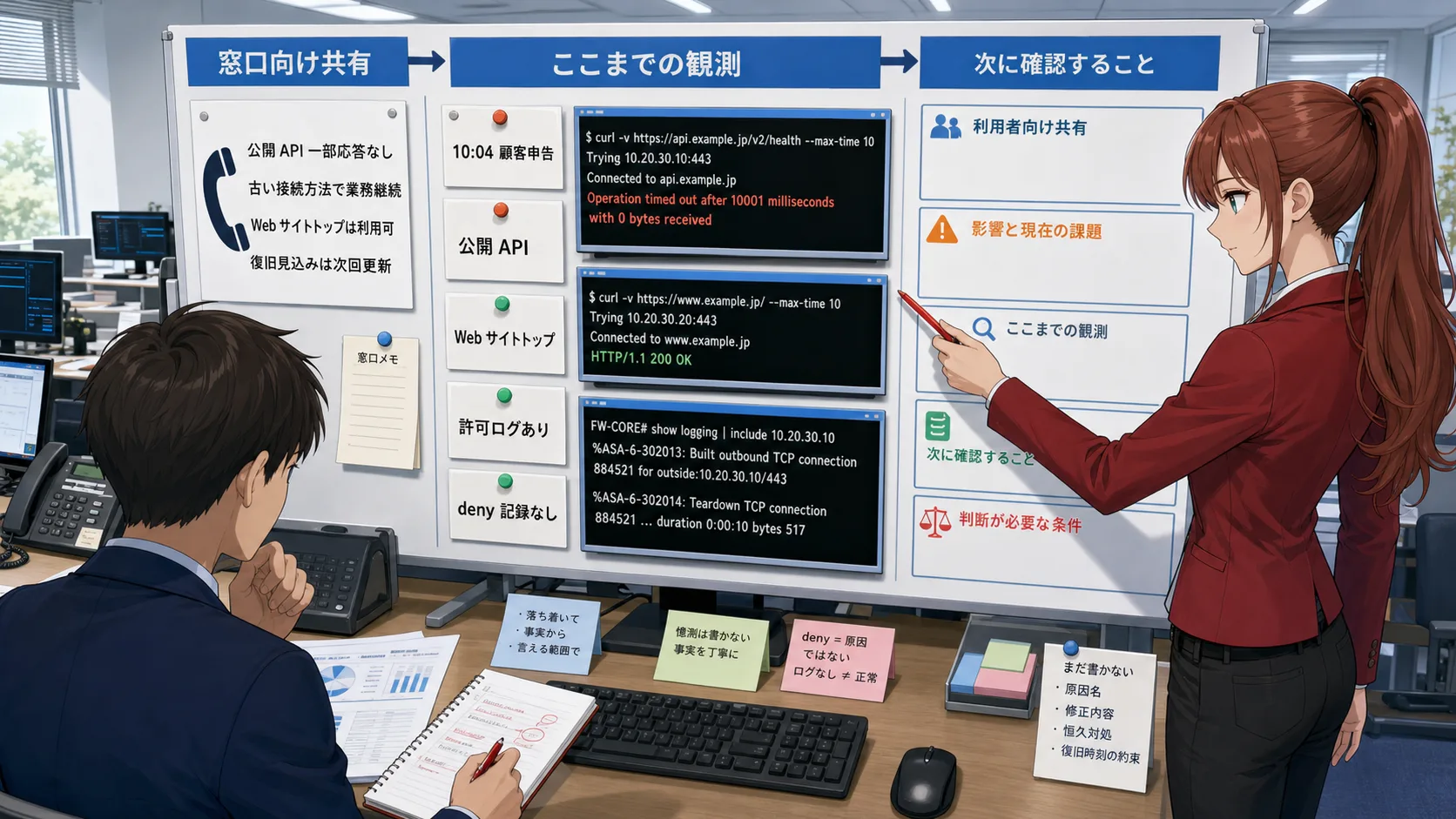 NetSmith Inc. の運用フロアで、顧客から届いた応答なし申告を受け、観測カードと共有先を整理する場面