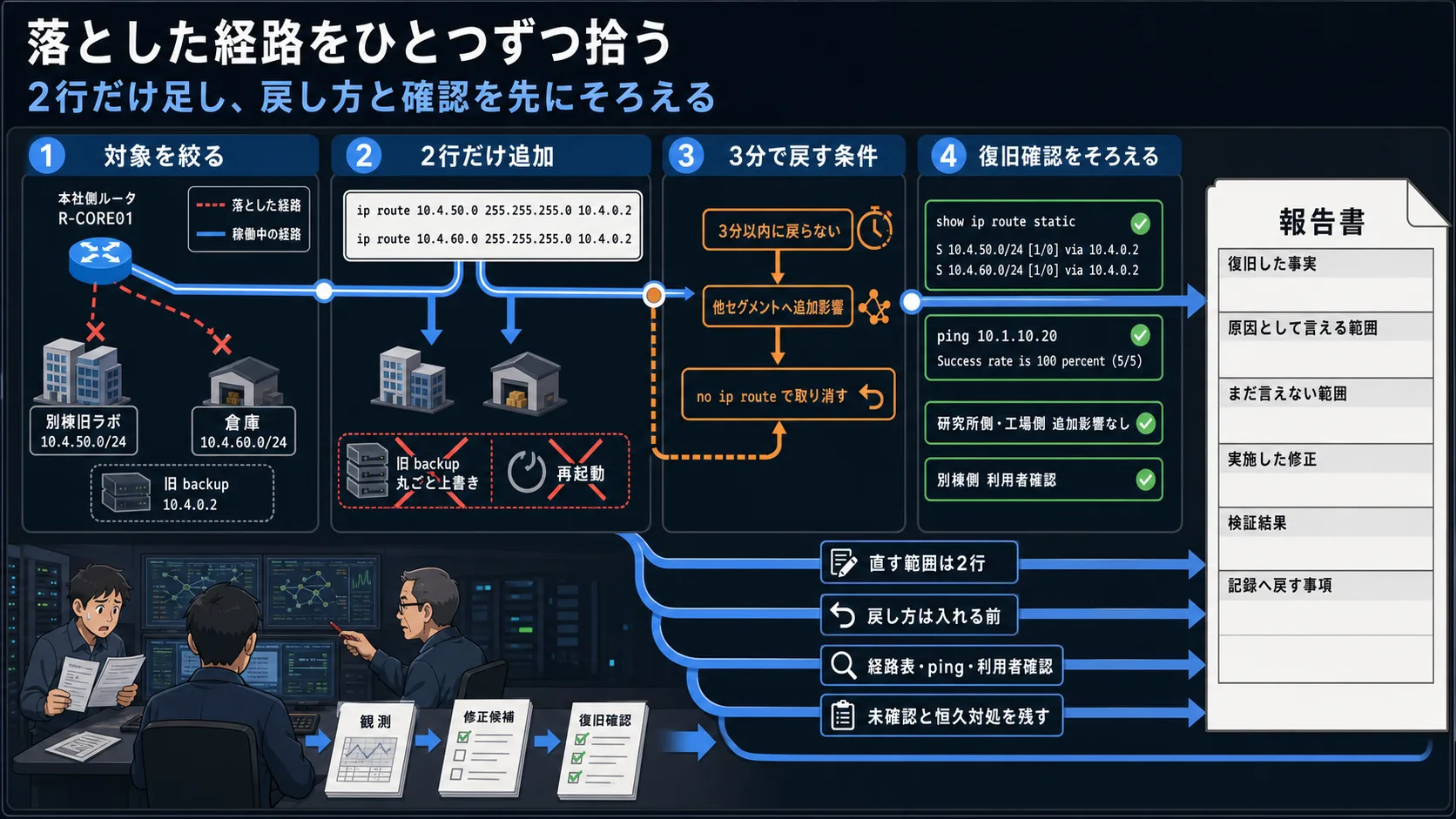 対象別棟2セグメントだけに経路を追加し、切り戻し条件、復旧確認、暫定/恒久対処、報告書に残す事項をそろえる流れ
