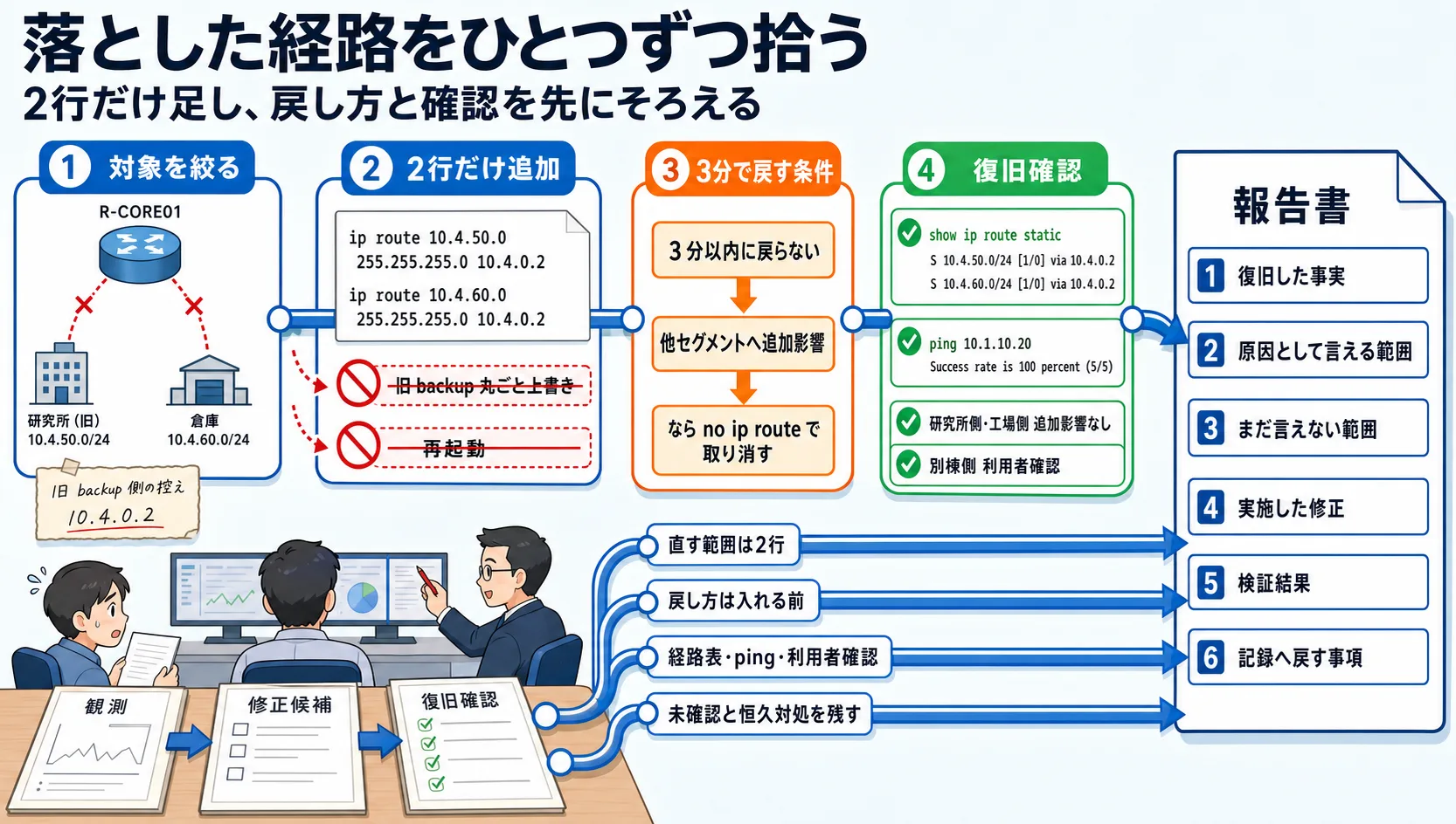 対象別棟2セグメントだけに経路を追加し、切り戻し条件、復旧確認、暫定/恒久対処、報告書に残す事項をそろえる流れ