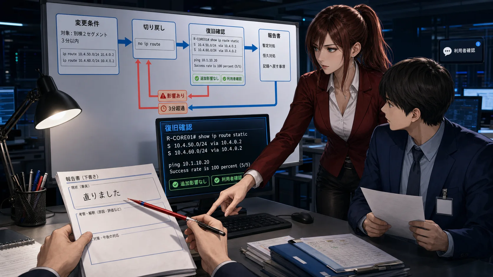NetSmith Inc. の運用フロアで、変更条件、切り戻し、復旧確認、暫定/恒久対処、記録事項をそろえる場面