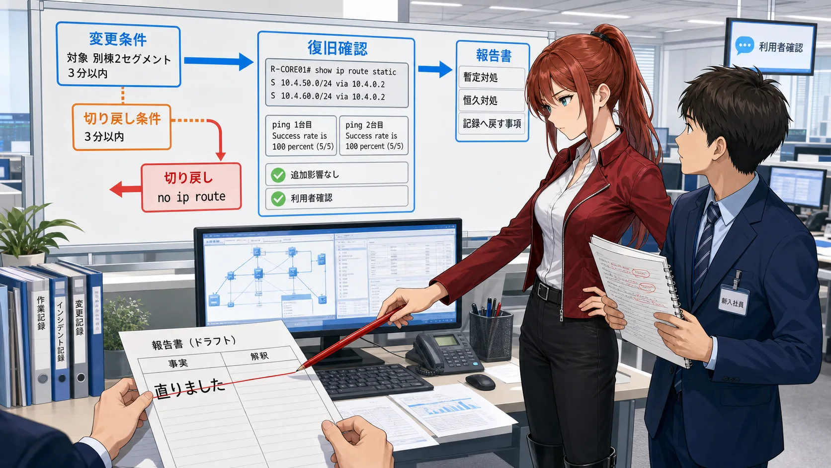 NetSmith Inc. の運用フロアで、変更条件、切り戻し、復旧確認、暫定/恒久対処、記録事項をそろえる場面