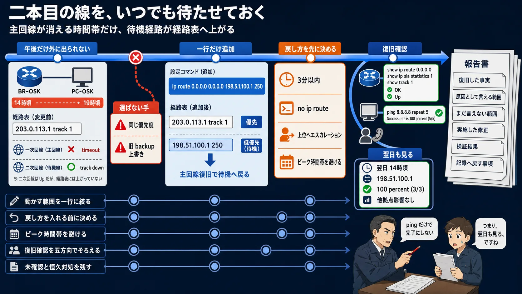 二本目の回線向け待機経路を、主回線より低い優先度で追加し、切り戻し条件、復旧確認、翌日午後の再観測、暫定/恒久対処、報告書に残す事項をそろえる流れ