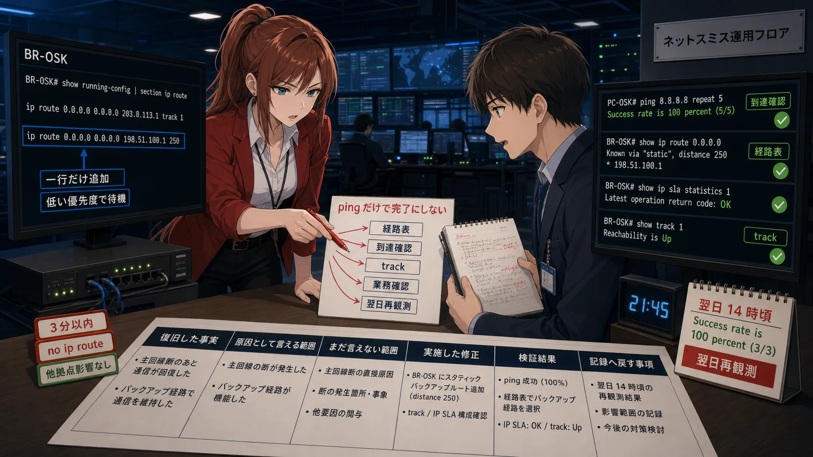 NetSmith Inc. の運用フロアで、支店ルータへの待機経路追加と、復旧確認、翌日午後の再観測をそろえる場面
