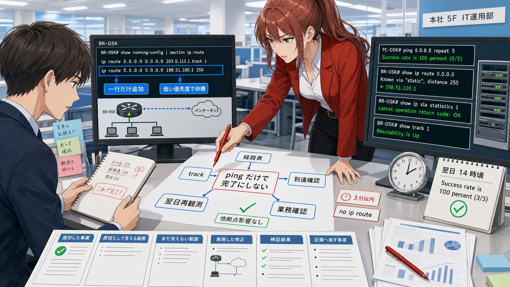 NetSmith Inc. の運用フロアで、支店ルータへの待機経路追加と、復旧確認、翌日午後の再観測をそろえる場面