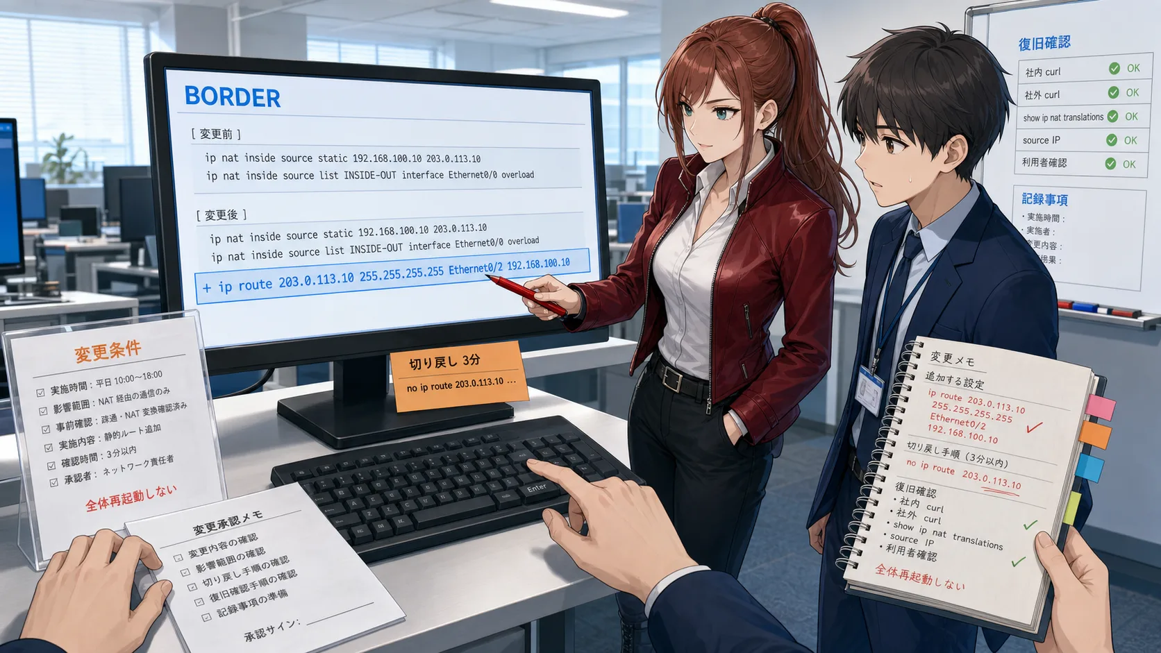 NetSmith Inc. の運用フロアで、変更条件、切り戻し、復旧確認、記録事項をそろえる場面