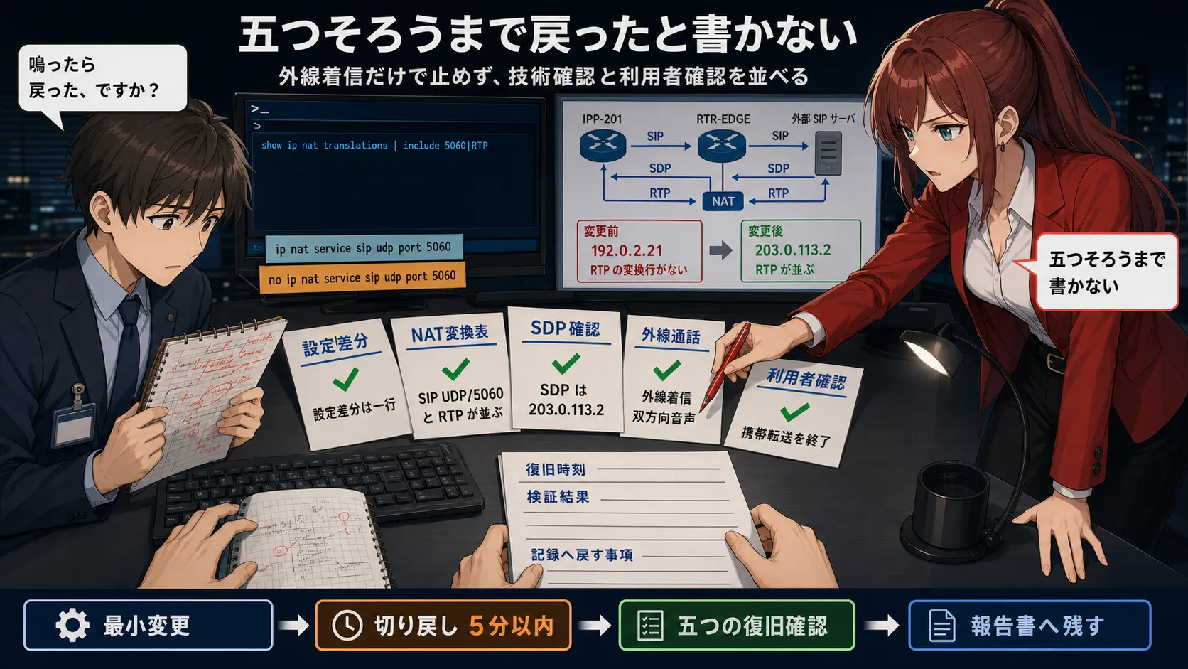 NetSmith Inc. の運用フロアで、変更条件、切り戻し、復旧確認、記録事項をそろえる場面