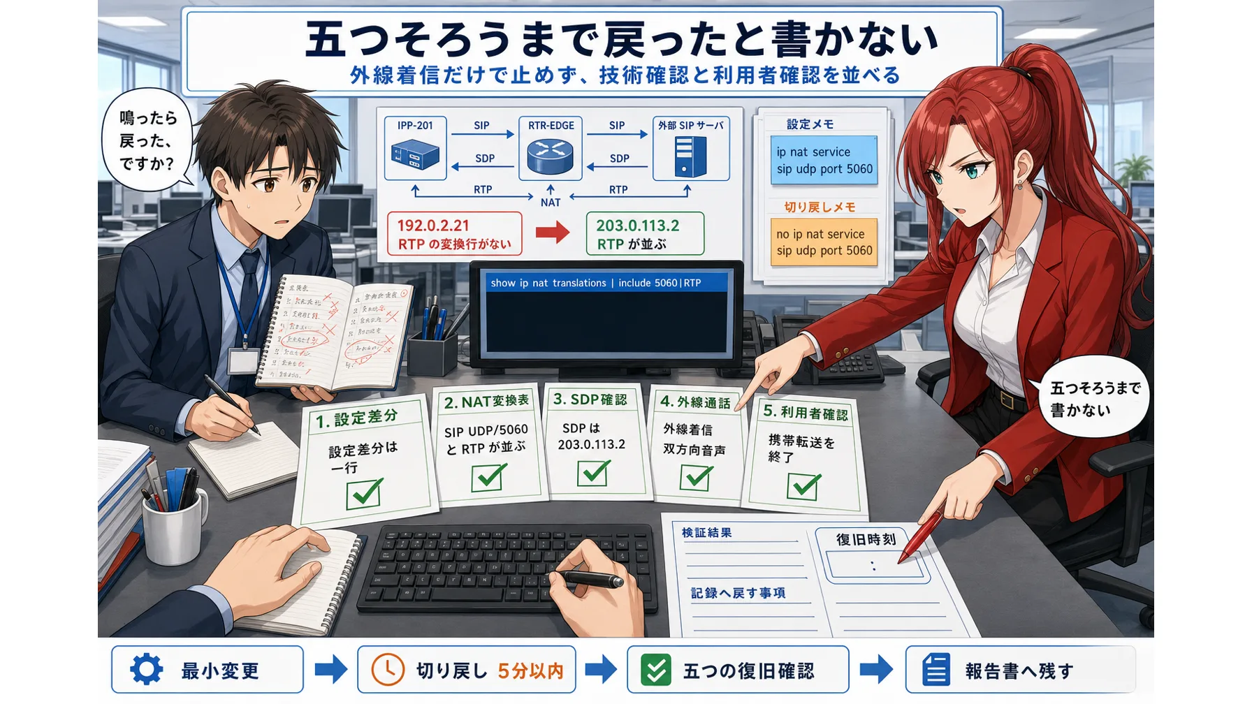 NetSmith Inc. の運用フロアで、変更条件、切り戻し、復旧確認、記録事項をそろえる場面