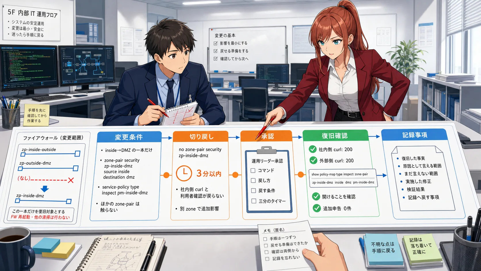 運用フロアの机を挟んで、変更前のコマンド、戻すコマンド、戻す条件、復旧確認の対象を並べて整理する場面。社内側と外部側の curl 結果、利用者からの応答、判断方向表の出力が同じ机に並ぶ。