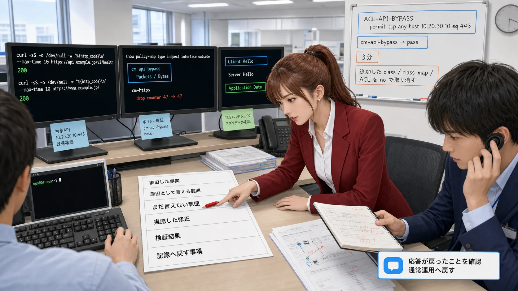 NetSmith Inc. の運用フロアで、Firewall の例外設定、切り戻し、復旧確認、記録事項をそろえる場面